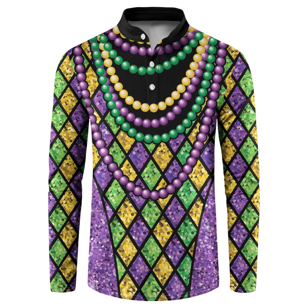 Black-collared button sweatshirt with multicolor bead strings and diamond pattern
