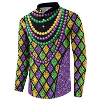 Black-collared button sweatshirt with multicolor bead strings over diamond pattern