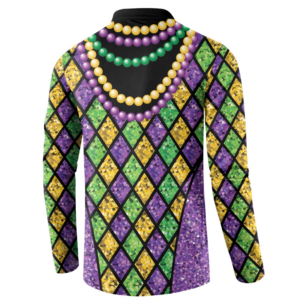 Black-collared button sweatshirt with multicolor bead strings and diamond back design