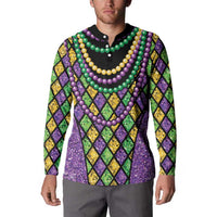Button sweatshirt on model with black collar, multicolor bead strings and diamond pattern