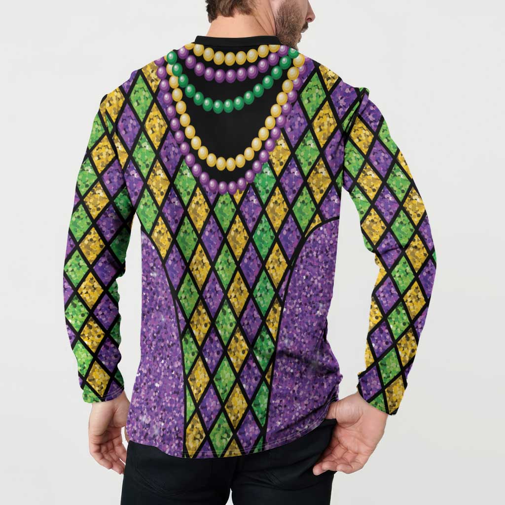 Back view button sweatshirt with black collar, multicolor bead strings and diamond pattern