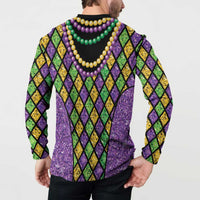 Back view button sweatshirt with black collar, multicolor bead strings and diamond pattern