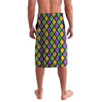 Mardi Gras lavalava sarong with repeating purple, green, and yellow diamond pattern