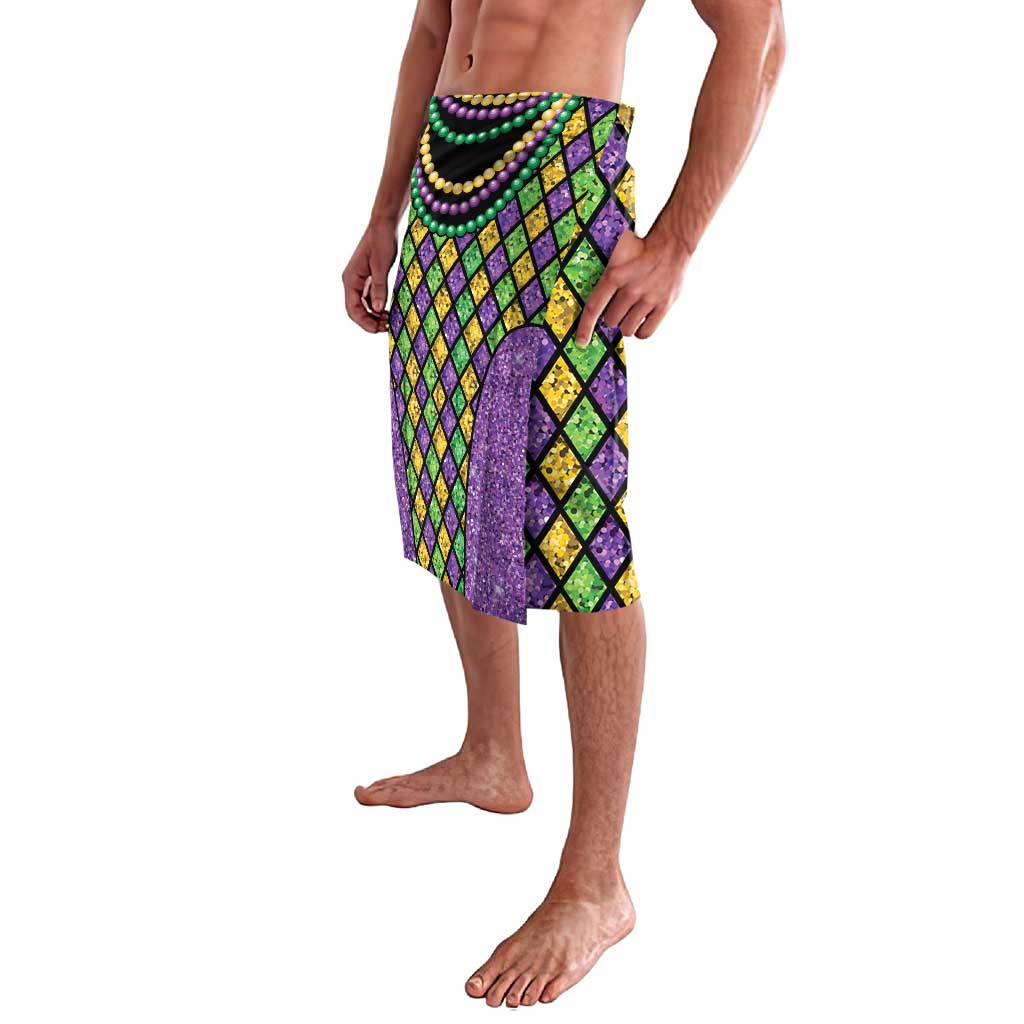 Beaded Mardi Gras lavalava sarong with multicolor diamond pattern and waist necklace