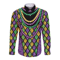 Mardi Gras bead-string long sleeve button shirt, black with purple green gold diamond print