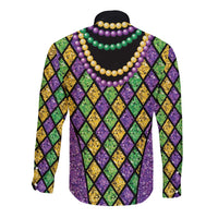 Mardi Gras bead-string long sleeve button shirt, back view with bead garlands and diamond print