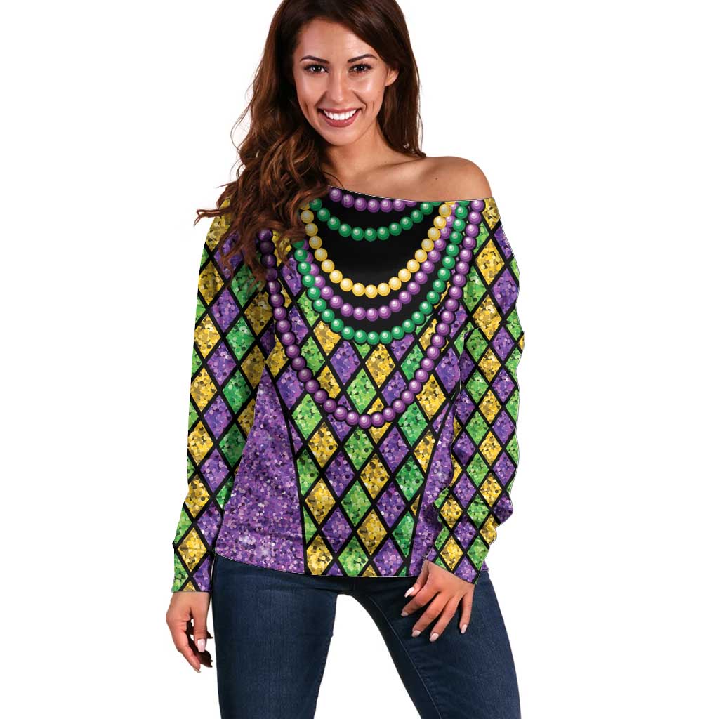 Mardi Gras Strings of Beads Off Shoulder Sweater