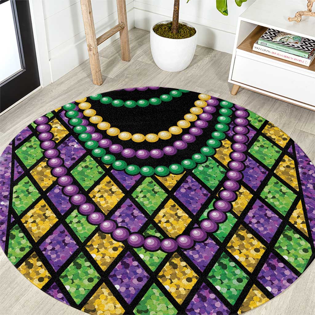 Round carpet with Mardi Gras bead trim and black diamond lattice in green, purple, yellow