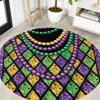 Round carpet with Mardi Gras bead trim and black diamond lattice in green, purple, yellow