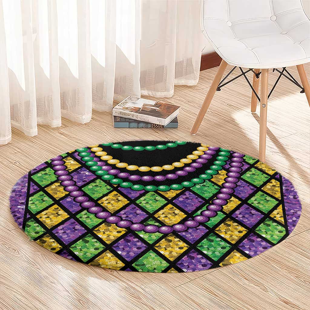 Round carpet with Mardi Gras bead trim loop and green purple yellow diamonds on black