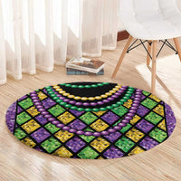 Round carpet with Mardi Gras bead trim loop and green purple yellow diamonds on black