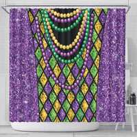 Beaded Mardi Gras shower curtain showing black center with diamond pattern and bead necklaces