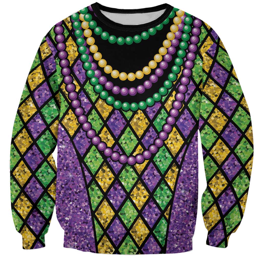 Unisex bead garland sweatshirt, black diamond pattern with purple, green, gold details