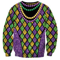Unisex bead garland sweatshirt with black diamond print, purple center, green and gold accents