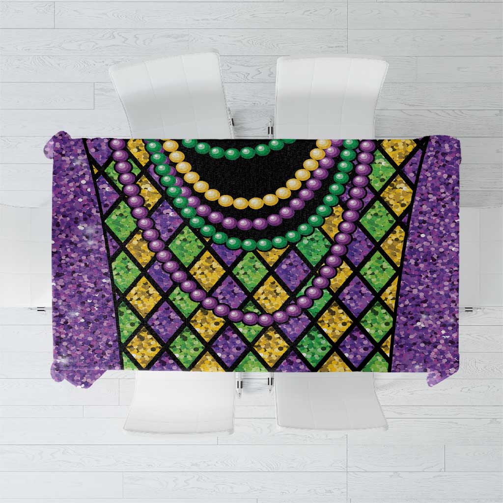 Mardi Gras beaded tablecloth with purple glitter, diamond pattern, and colorful bead garland design