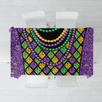 Mardi Gras beaded tablecloth with purple glitter, diamond pattern, and colorful bead garland design
