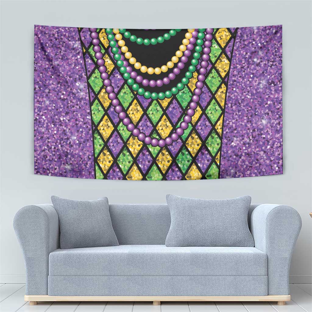 Mardi Gras beaded tapestry, purple glitter border with multicolor bead strands and diamond pattern