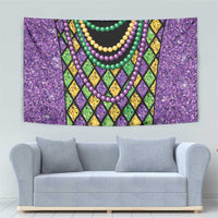 Mardi Gras beaded tapestry, purple glitter border with multicolor bead strands and diamond pattern