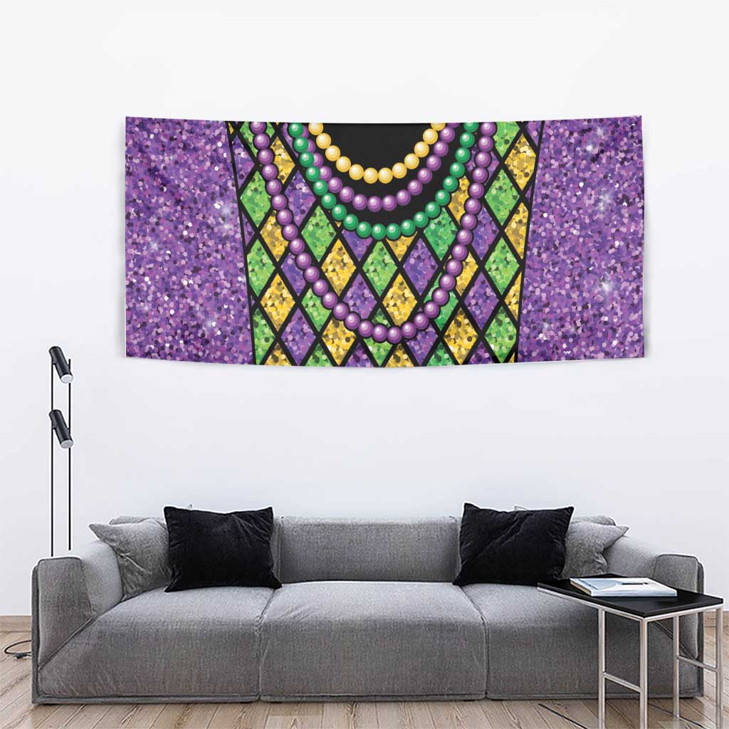 Mardi Gras bead tapestry showing purple glitter texture, pearl-like beads, and diamond grid