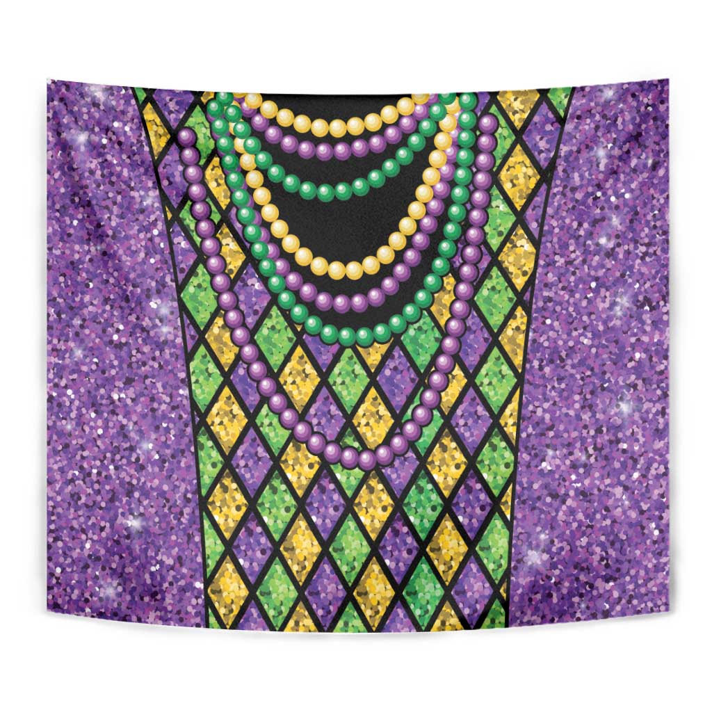 Close-up Mardi Gras beaded tapestry with layered bead strands and multicolor diamond chevrons