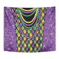 Close-up Mardi Gras beaded tapestry with layered bead strands and multicolor diamond chevrons