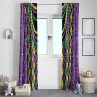 Beaded Mardi Gras window curtain panels in purple sparkle with green, yellow, and purple diamond shapes