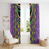 Bead string curtain panels with purple textured fabric and multicolor bead strands over diamond grid