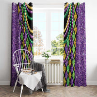 Mardi Gras bead string curtains with purple glitter look and stacked bead loops in green, purple, gold