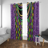 Window curtain panels featuring purple speckled fabric with bead garlands and black diamond outlines