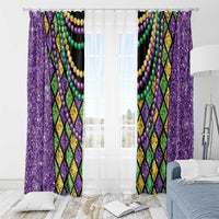 Rod-hanging bead string window curtain panels with purple textured sides and multicolor diamond bead print