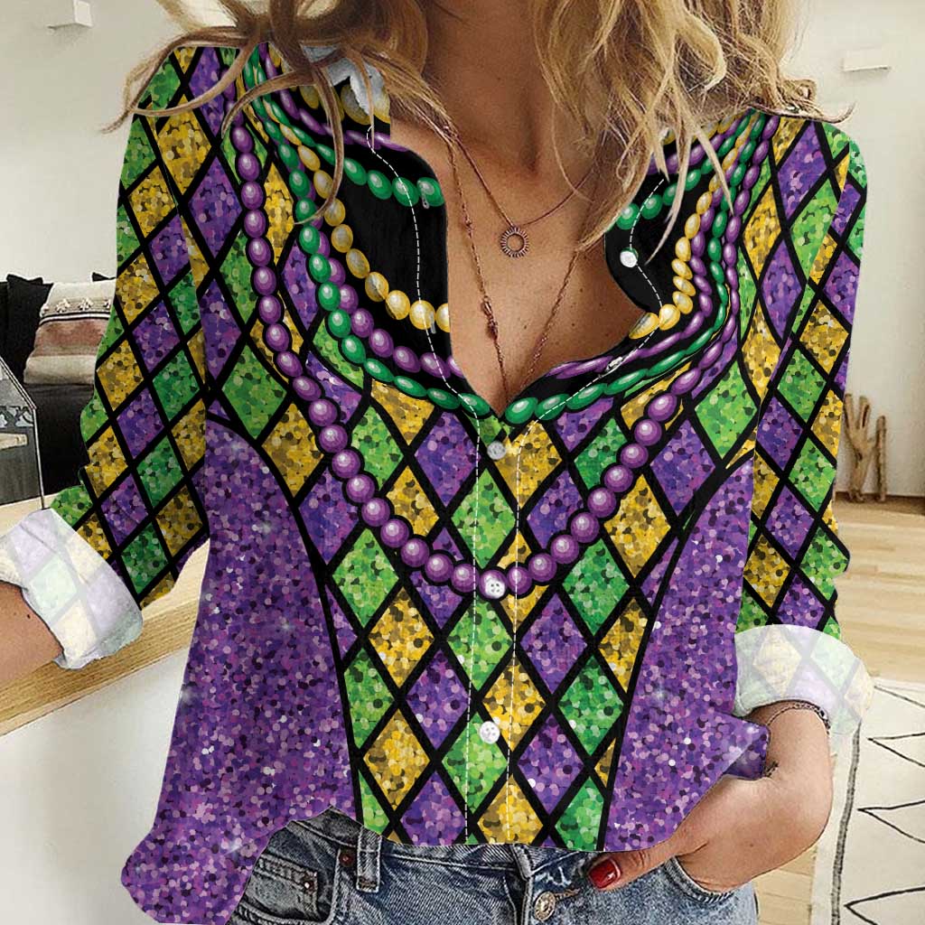 Mardi Gras Strings of Beads Women Casual Shirt - Wonder Print Shop