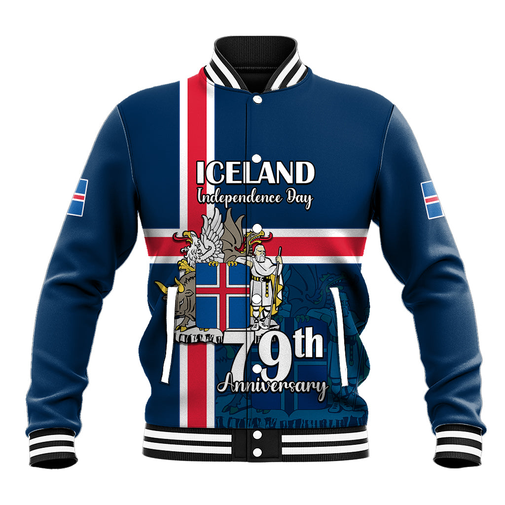 Blue baseball jacket with striped collar, snap buttons, and large Iceland-themed front graphic