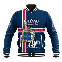 Blue baseball jacket with striped collar, snap buttons, and large Iceland-themed front graphic