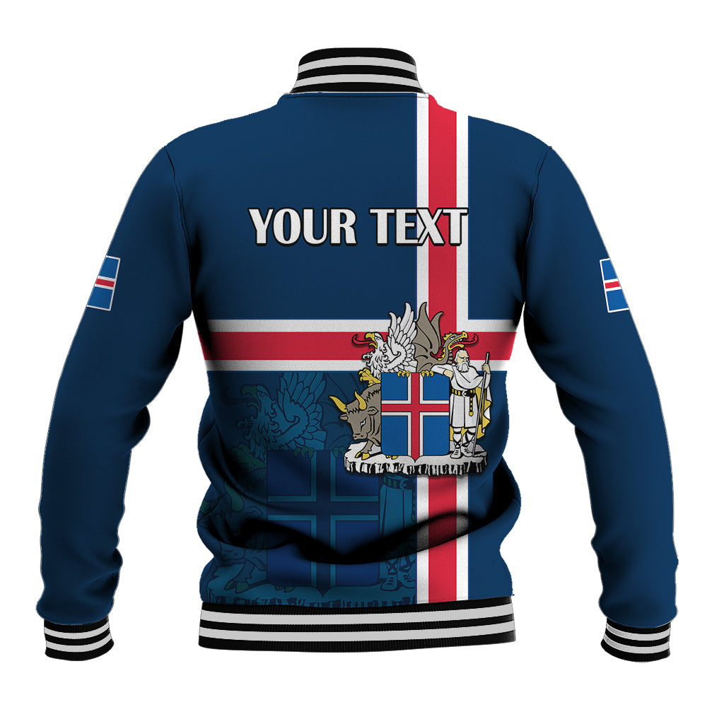 Blue baseball jacket back with striped ribbed collar and 'YOUR TEXT' graphic