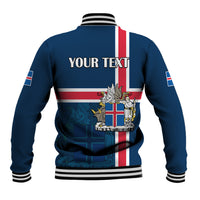 Blue baseball jacket back with striped ribbed collar and 'YOUR TEXT' graphic