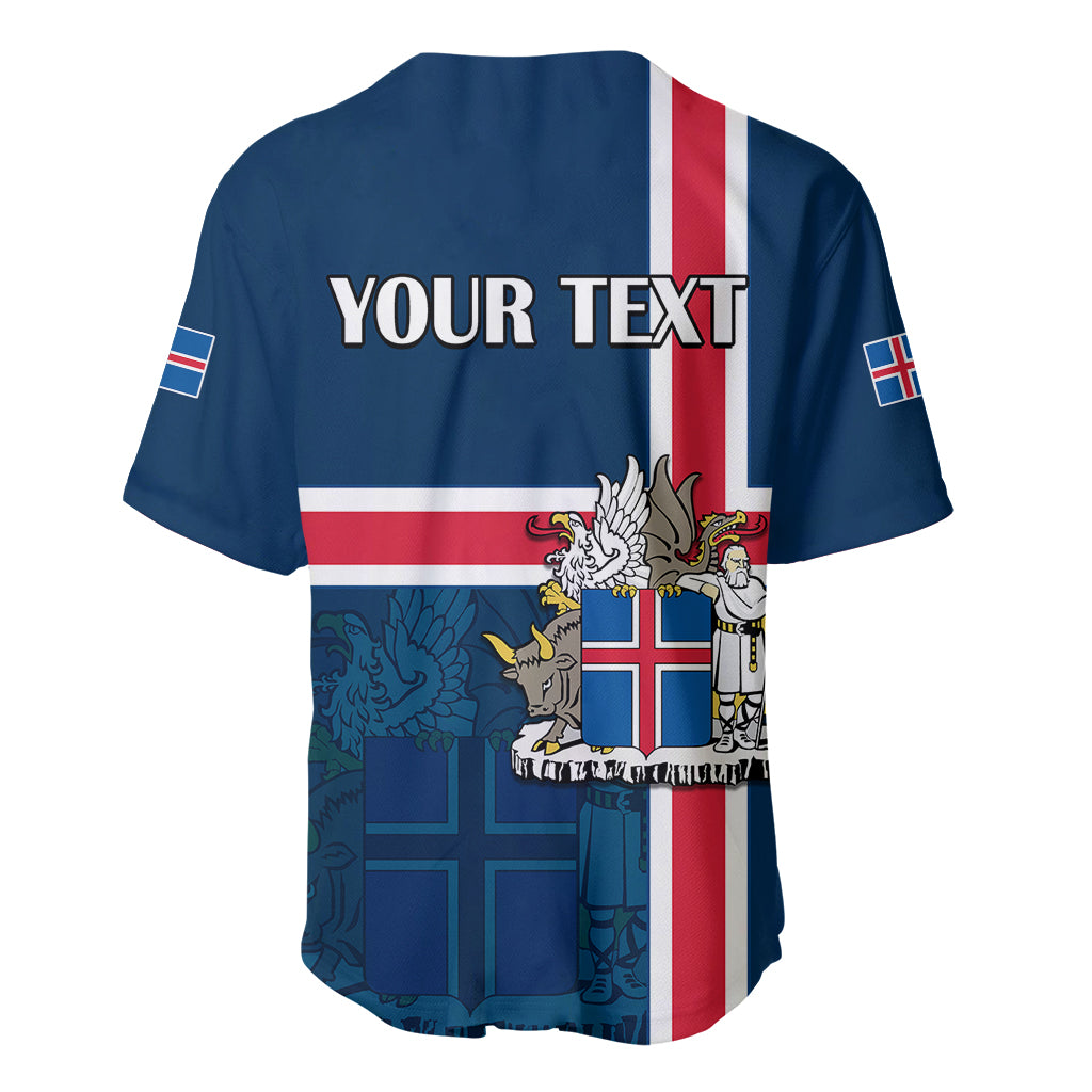Blue baseball jersey back with YOUR TEXT, Iceland flag stripes and crest