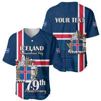 Blue baseball jersey with Iceland flag crest; front shows Independence Day and 79th