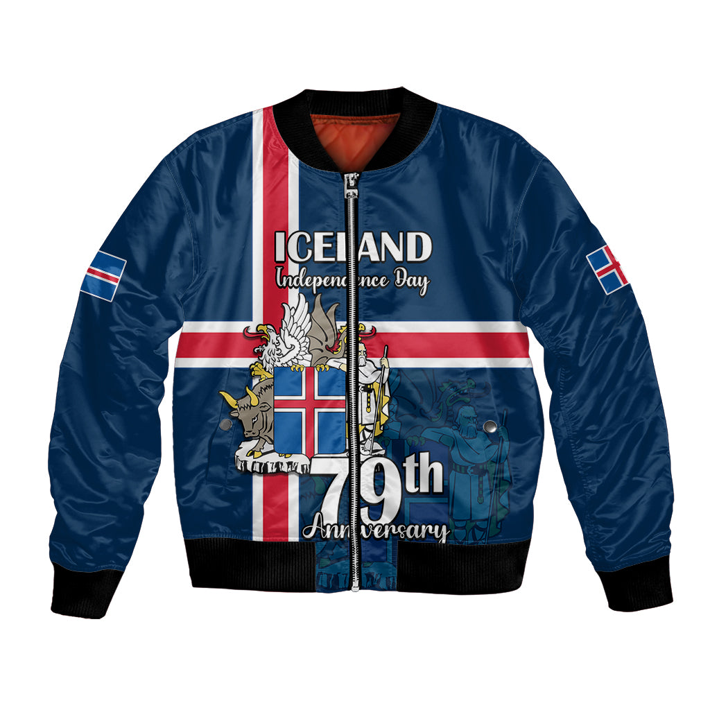 Blue unisex bomber jacket with zip front, ribbed cuffs, and Iceland flag graphic on front.