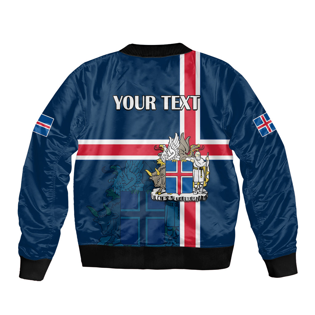 Blue bomber jacket with zip front, ribbed cuffs, and back print 'YOUR TEXT'.