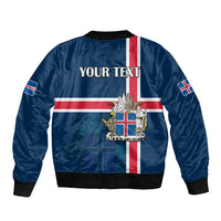 Blue bomber jacket with zip front, ribbed cuffs, and back print 'YOUR TEXT'.