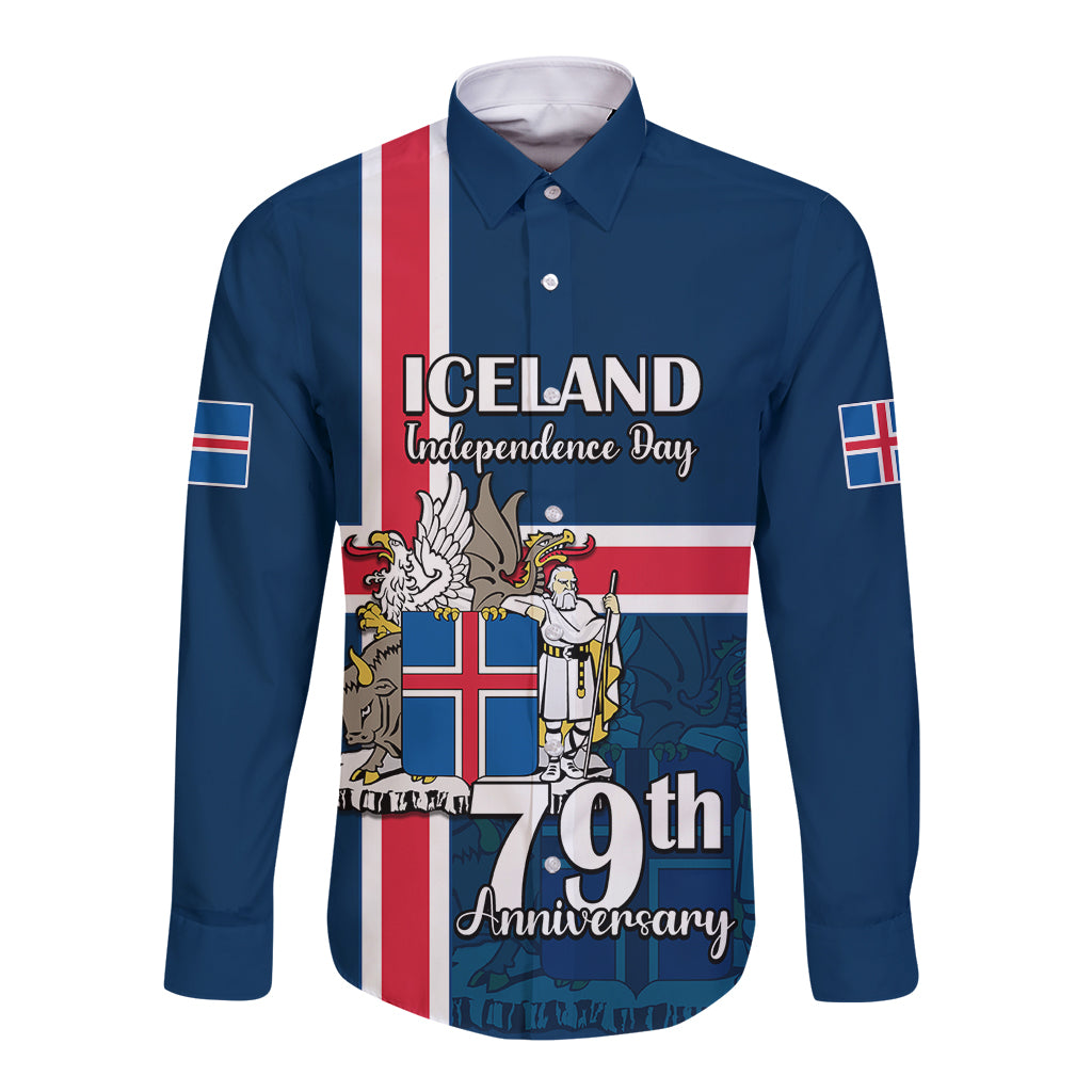 Blue long-sleeve button shirt with Iceland flag stripes and Independence Day 7th graphics