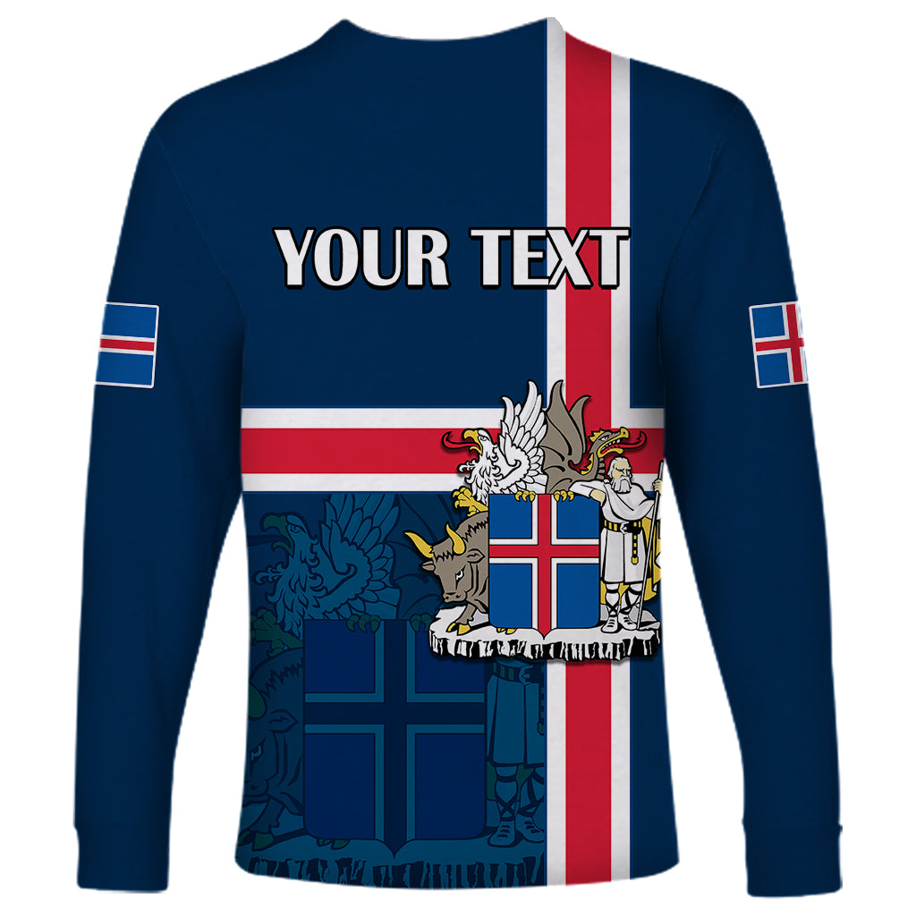 Blue long sleeve shirt, back view with YOUR TEXT and Iceland flag graphic