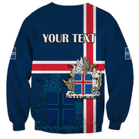 Unisex blue crewneck sweatshirt back view with YOUR TEXT and Iceland flag stripe graphic