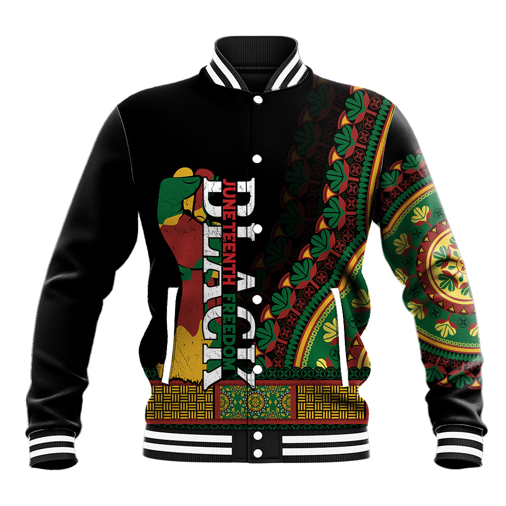 Black unisex baseball jacket with button front, striped collar, colorful Africa graphic