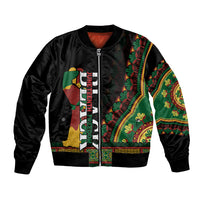 Black bomber jacket with front zipper; colorful African-inspired panel and vertical text graphic