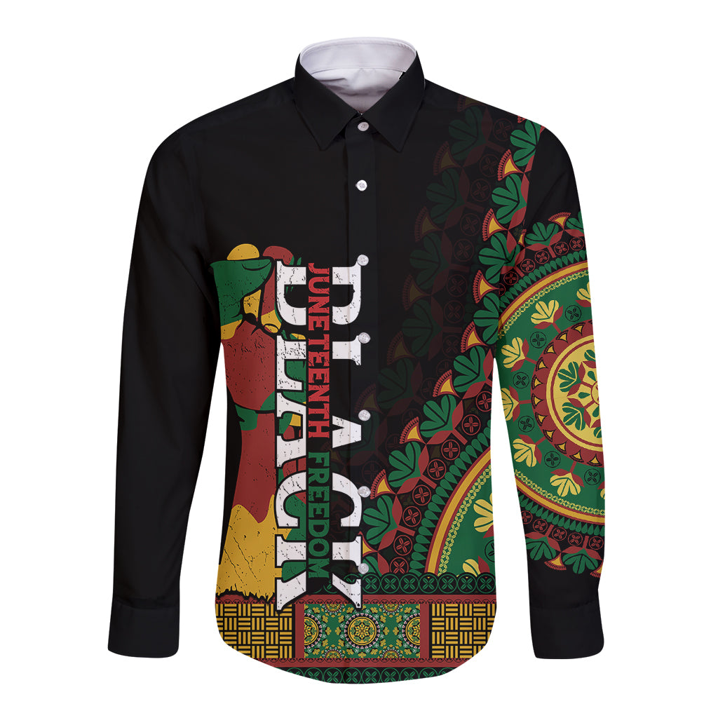 Unisex black long-sleeve button shirt with bold multicolor front graphic
