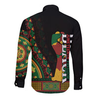 Unisex black long-sleeve button shirt with multicolor back pattern and graphic
