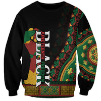 Front black crewneck sweatshirt with colorful African pattern print and Juneteenth text.