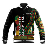 Black unisex baseball jacket with colorful Africa-inspired print, ribbed striped collar and cuffs