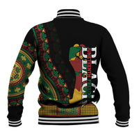 Black unisex baseball jacket with Africa-inspired back print, ribbed striped collar and cuffs
